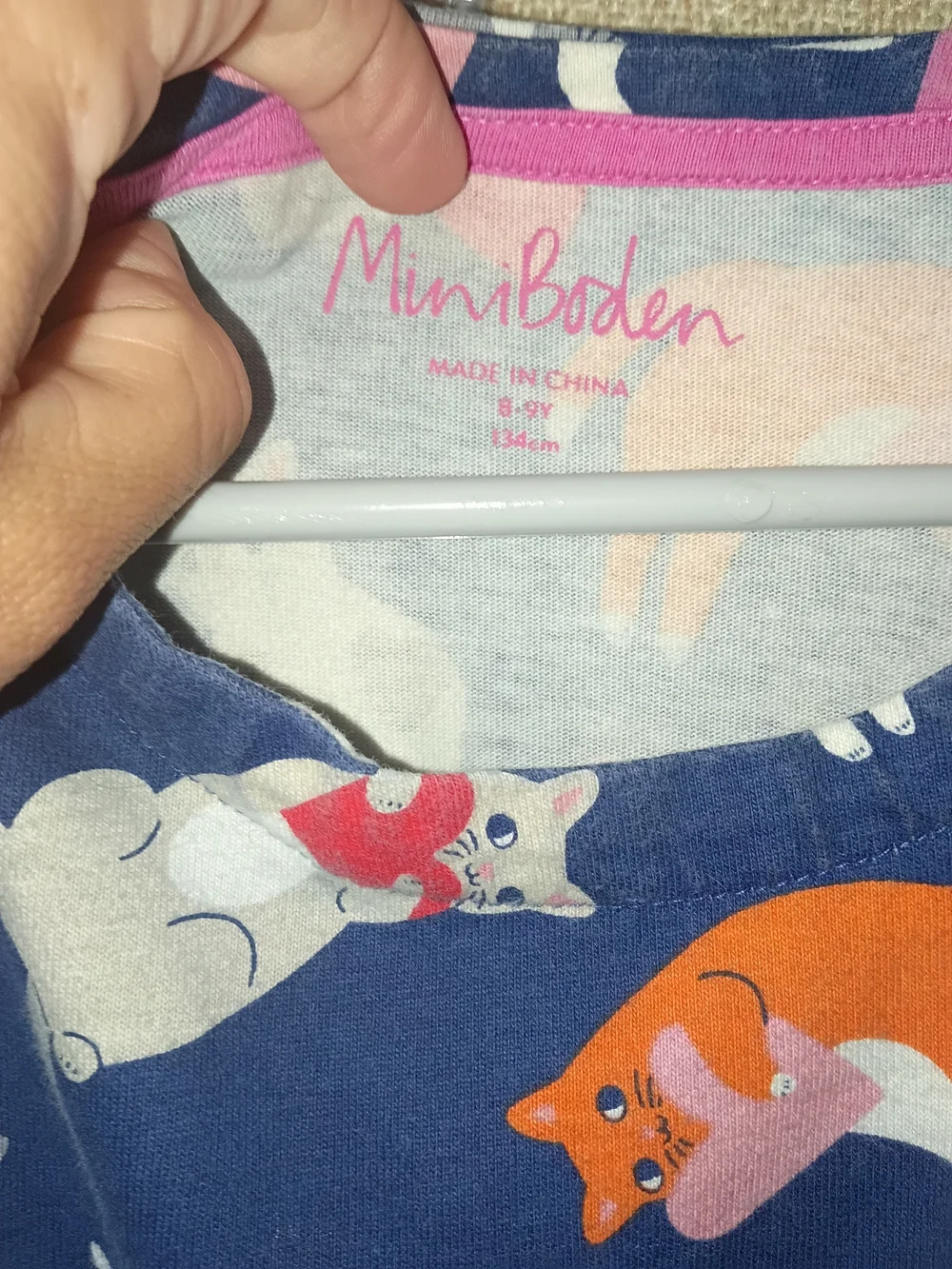 Mini Boden Artsy Cotton Stylish Navy Dress with Multicolor Cat and Heart Print